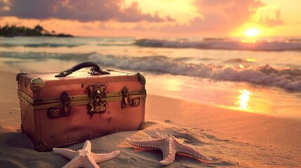 Luggage open on a sandy beach, waves lapping near, starfish by waters edge, island silhouette at sunset, soft orange light - obrazy, fototapety, plakaty