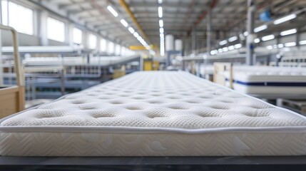 Freshly Manufactured Mattress in Industrial Workshop. Quality Bedding Production Line. Focus on Product, Factory Interior in Background. AI