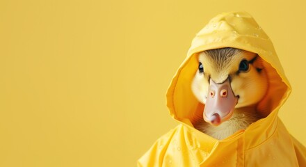 Cozy autumn duckling in a yellow raincoat, embracing the fall season with charm. Banner with copy-space.