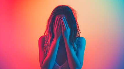 Young Girl Looking Embarrassed on Simple Gradient Backdrop
