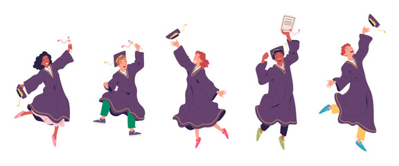 Jumping graduates. Cute students in gown diploma celebrating graduation college university or highschool, happy graduate throwing cap, success education classy vector illustration