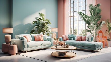 Colored contemporary living room pastel turquoise colors sofa armchair carpet tables steps and...