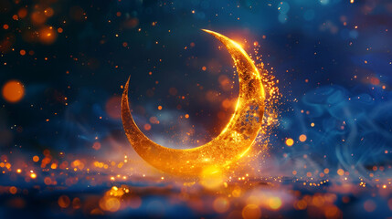 golden smooth crescent on blue background on holiday Ramadan, in the style of blurred, dark magenta and light bronze, romantic landscape, shining, photorealistic compositions, islam - obrazy, fototapety, plakaty