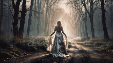 a Mysterious veiled spirit of a woman  in a white dress meanders aimlessly down a narrow dirt path. The golden hues of sunlight through the dense canopy of forest trees, casting a soft radiant glow.
