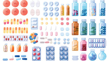 Various meds. Pills capsules blisters glass bottles wi - obrazy, fototapety, plakaty