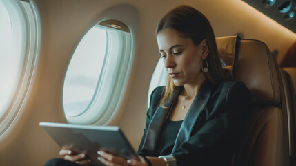 Professional woman engrossed in her tablet while seated by the airplane window