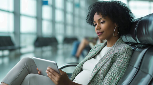 Focused businesswoman reviews financial charts on her tablet while waiting in an airport lounge - Powered by Adobe