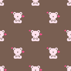 seamless pattern with teddy bear and two hearts on brown background 