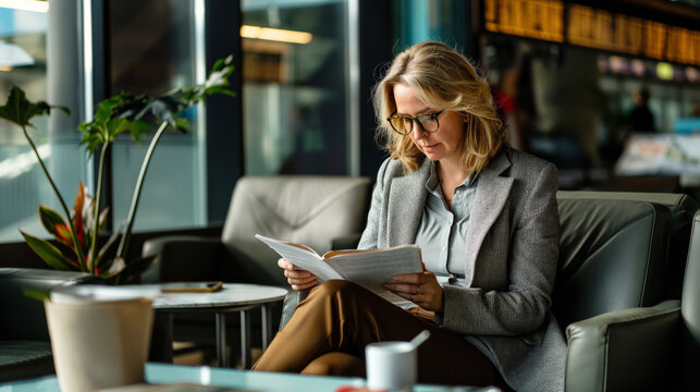 Focused businesswoman sits in an airport lounge, engrossed in reading a document