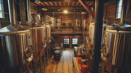 Warm and inviting industrial interior of a small-scale microbrewery with stainless steel brewing equipment, wooden floors, fermentation tanks, kegs, and barrels for beer production