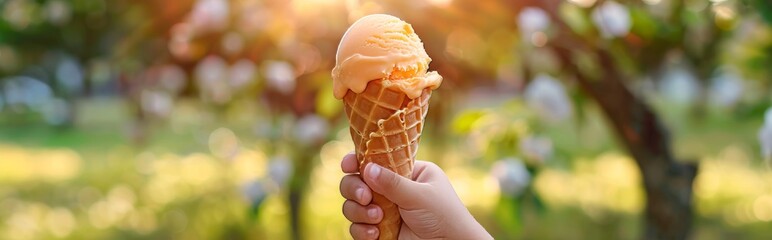 Child s hand holding waffle cone with yellow ice cream in green park, summer sweetness