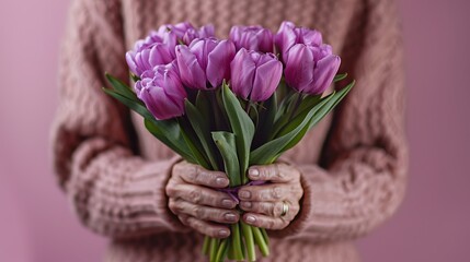 A woman holding a bouquet of purple tulips. Generative AI.