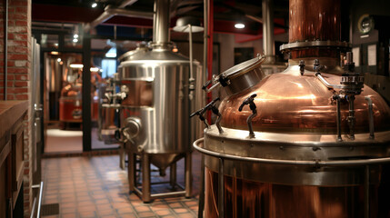 Image of a modern craft brewery with shining copper fermentation tanks where visitors can enjoy tours