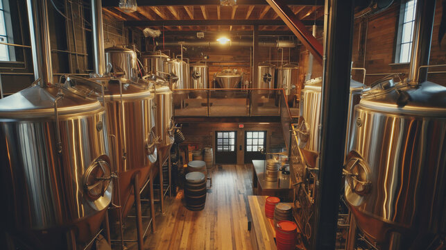 Warm and inviting industrial interior of a small-scale microbrewery with stainless steel brewing equipment, wooden floors, fermentation tanks, kegs, and barrels for beer production