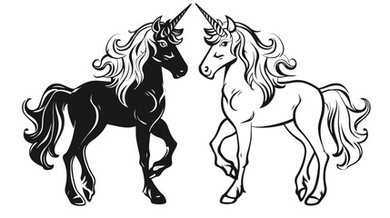 Vector black and white unicorn with horn and mane