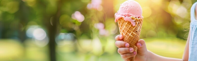 Child s hand holding waffle cone with pink ice cream in sunny park, sweet summer treat for kids