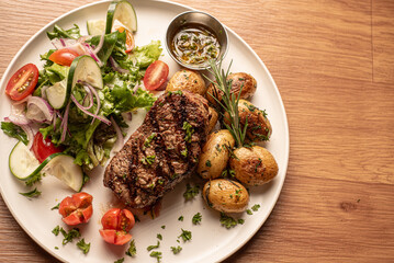 Fotografía corte de carne a la parilla acompañadas de papas fritas y salteadas, con una ensalada verde y aderezo