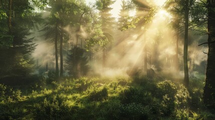 Obraz premium Capture the tranquility of a serene forest scene at dawn, with mist rising from the forest floor and sunlight filtering through the trees.