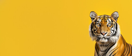 A front-facing image of a Bengal tiger making direct eye contact against a yellow backdrop, engaging the viewer