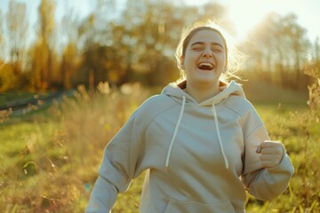 Cheerful woman in sportswear exercises outdoors for weight loss, laughing at camera after training