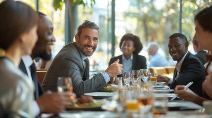 A professional and diverse team lunch meeting at a restaurant for networking. Collaboration. And discussion among colleagues in a corporate environment. Focusing on teamwork. Brainstorming