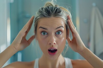 Shocked woman discovers first grey hair in bathroom mirror, symbolizing start of aging process