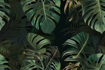 Abstract foliage and botanical background. Green tropical forest wallpaper of monster leaves, palm, branches in hand drawn pattern. Exotic plants background for banner, prints, decor, wall Generative 
