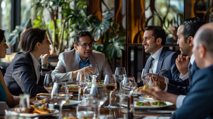 Gathering of corporate professionals for a team lunch discussion at a fine dining restaurant in professional attire. Networking with colleagues