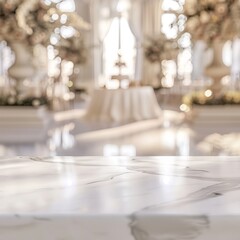 Marble table with blurred wedding ceremony in the background
