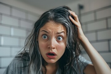 Surprised woman in bathroom discovers first gray hair on her scalp, showing shock and disbelief