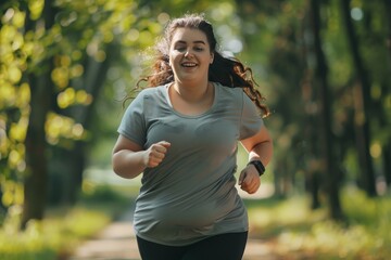 Young overweight woman in sportswear jogging to lose weight in a sunny park for fitness