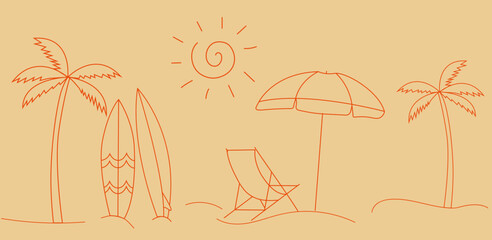 Vector line art style background of seashore. Good sunny day. Deck chair and beach umbrella, surf board on the sand coast.