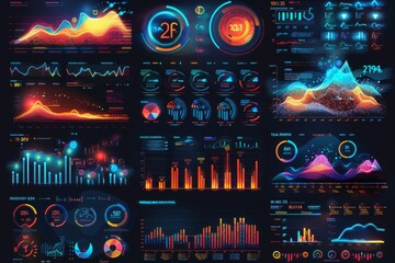 Set of various neon graphs and diagrams