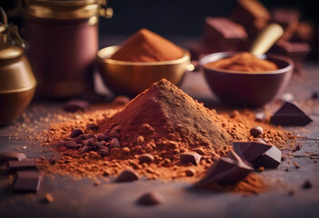 A close-up view of cocoa powder with chocolate pieces and cocoa beans scattered around, creating a...