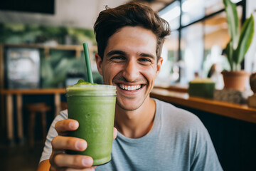 Sporty handsome man on a diet drink smoothie in the kitchen or cafe generative AI image - obrazy, fototapety, plakaty