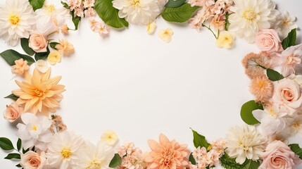 Creative layout made of flowers and leaves with paper card note, flat lay with copy space