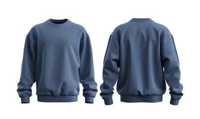 front and back view of blue sweatshirt templates. Pullovers with long sleeves, mockups for design and print, isolated on white or transparent . Blue Sweatshirt Front and Back View Templates