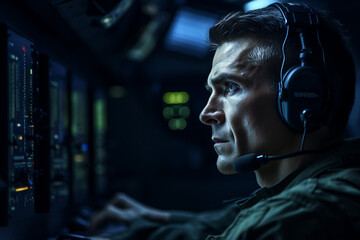 AI generated portrait of military checking and working on computer for surveillance tracking drone operations