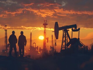 Silhouette of two oil workers in front of an industrial pumpjack at sunset.