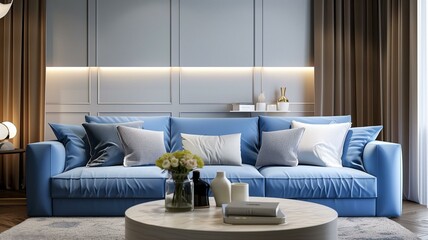 Fototapeta na wymiar In the serene ambiance of a modern living room, a plush blue sofa sits gracefully amidst a symphony of cool tones.