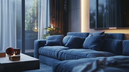 In the serene ambiance of a modern living room, a plush blue sofa sits gracefully amidst a symphony of cool tones. 

