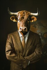 A bull in a global economics conference, wearing an international suit, showcasing market expansion and optimism - obrazy, fototapety, plakaty