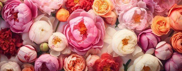 Peony and roses, valentines day background, web banner format