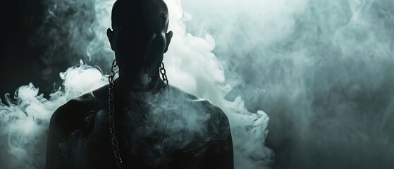 A shadowy figure with smoke chains, representing nicotine addictions grip on the body - obrazy, fototapety, plakaty