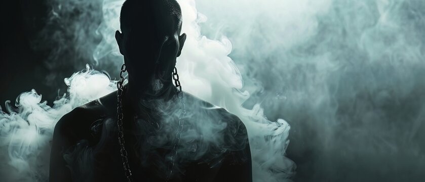 A shadowy figure with smoke chains, representing nicotine addictions grip on the body