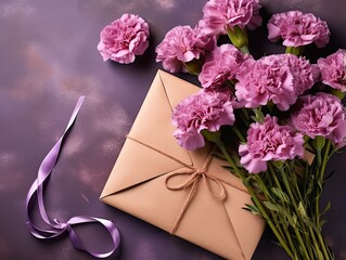 carnation flowers with gift, top view
