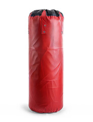 A red boxing bag hanging, isolated from the white or transparent background