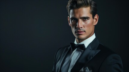 Fototapeta premium A glamorous portrait of a model in a formal tuxedo, highlighting luxury and elegance.