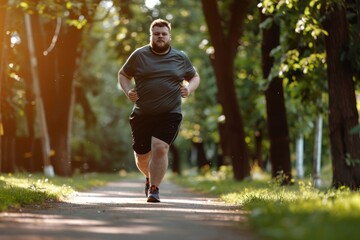 Obese male in workout gear jogging to lose weight in sunny park for fitness and health improvement