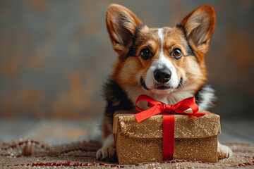 A Corgi dog and a gift box with red ribbon, closeup shot